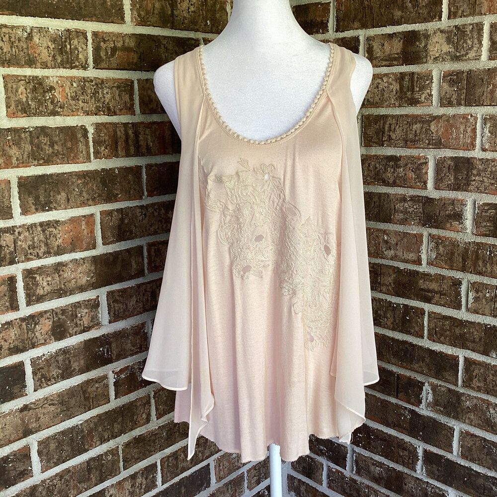 Free People Embroidered Cream Lace Chiffon Overlay Bohemian Pullover Tank Size M
